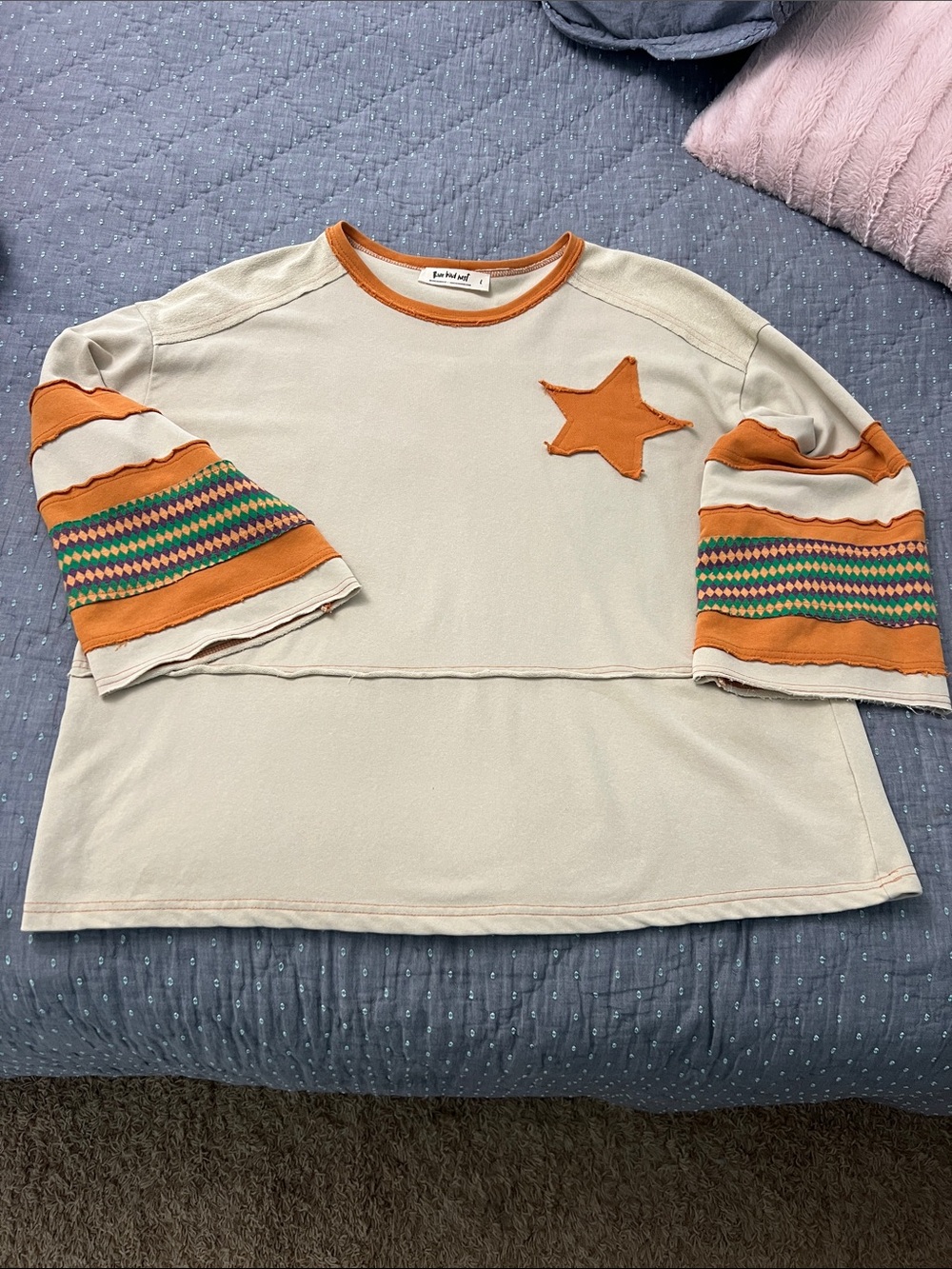 Three Bird Nest Oversized Pullover Sweatshirt Crew sz L XL Star Orange Green Tan